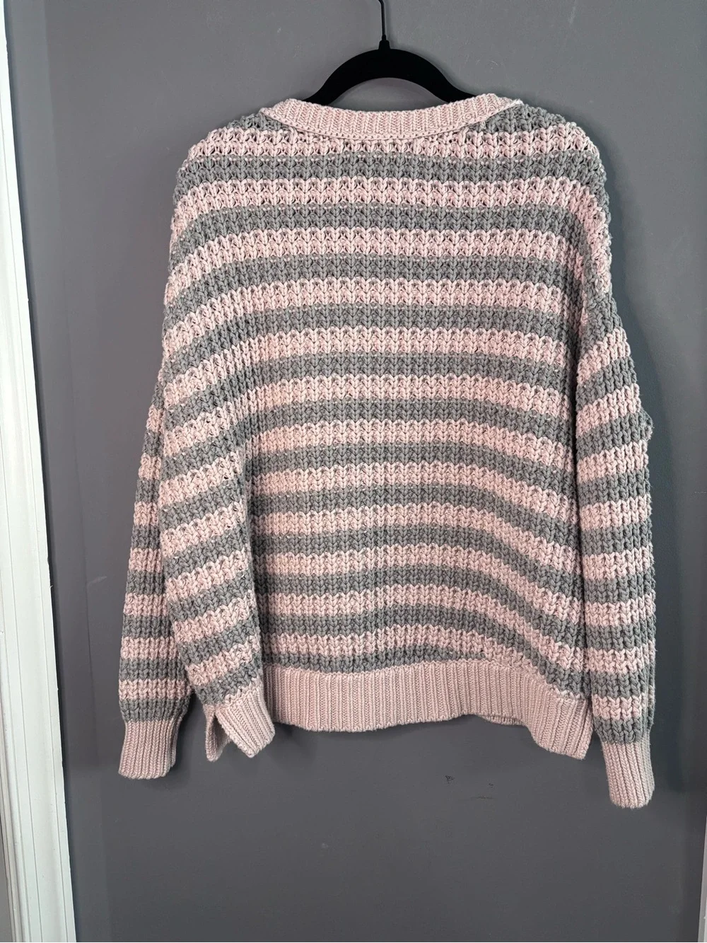 Free People Pink Gray Striped Chunky Knit Cotton Scoop Neck Sweater Small